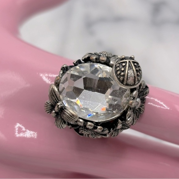 Chunky‎ Flower & Ladybug Antique Silver Tone Crystal Costume Ring Stretch Band - Picture 5 of 14